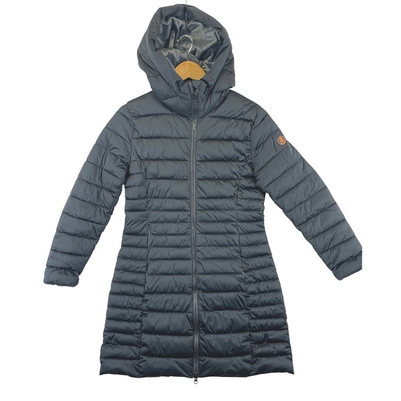 SAVE THE DUCK Jackets & Blazers - Save The Duck Women's 2 M Black Stretch Puffer Coat Long Hooded Parka Winter